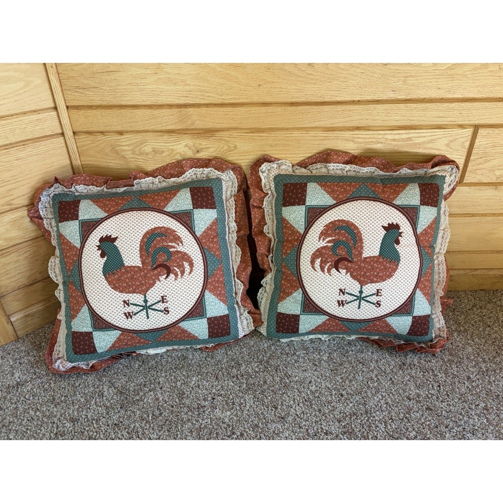 Pillow Hand Stitch Quilted Pillows Set Farmhouse Vintage Rooster Farmhouse